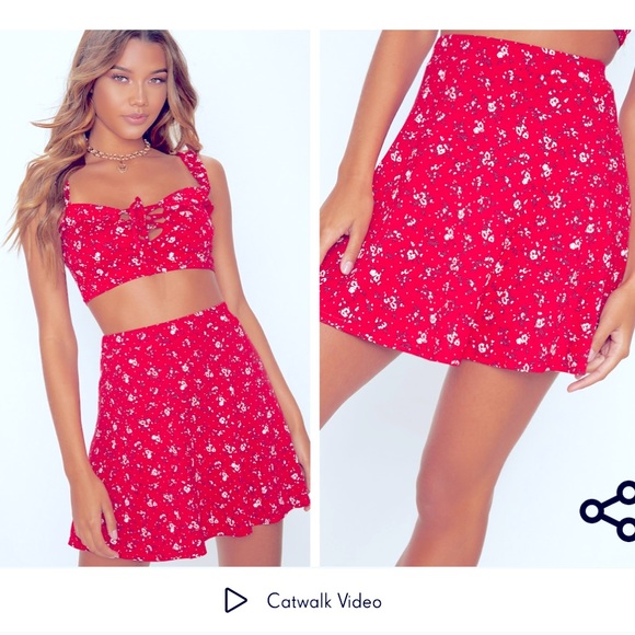 PrettyLittleThing Dresses & Skirts - Red Ditsy Floral Skater Skirt